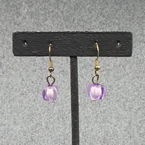 Purple Square Bead Earrings Silver Translucent Round Dangle Pierced